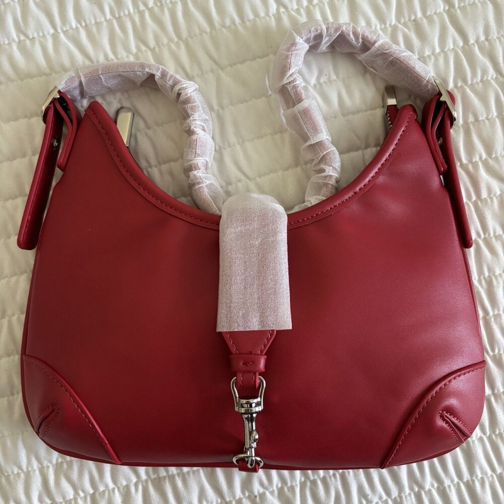 New Ruby Red Hobo Bag Purse Crescent Shaped Buckle Detail Straps Unknown Maker